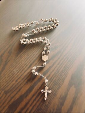 Silver Rosary Beaded Cross Necklace